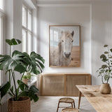 Heida I by Laura Marshall. shown as a print in a natural wood frame in a dining room. Available as a archival giclee rolled canvas, fine art paper, or poster print. SKU 49822h.