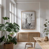 Heida I BW by Laura Marshall. shown as a print in a natural wood frame in a dining room. Available as a archival giclee rolled canvas, fine art paper, or poster print. SKU 49823h.