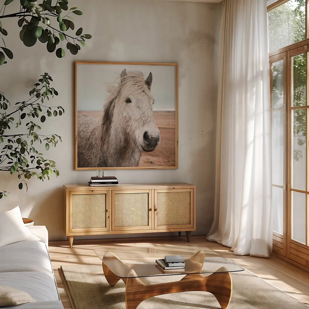 Heida III by Laura Marshall. Shown in a natural wood frame in a cozy modern living room. Available as an archival giclee rolled canvas, fine art paper, or poster print. SKU 49826a.