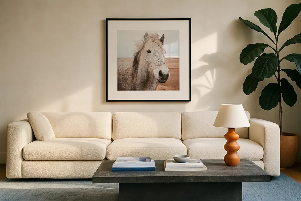 Heida III by Laura Marshall. Displayed in a glass frame with matte in a clean modern living room. Available as an archival giclee rolled canvas, fine art paper, or poster print. SKU 49826a.