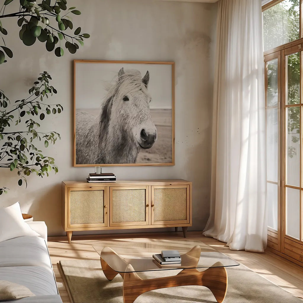 Heida III BW by Laura Marshall. Shown in a natural wood frame in a cozy modern living room. Available as an archival giclee rolled canvas, fine art paper, or poster print. SKU 49827a.