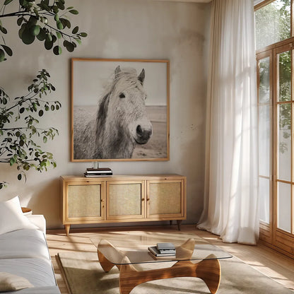 Heida III BW by Laura Marshall. Shown in a natural wood frame in a cozy modern living room. Available as an archival giclee rolled canvas, fine art paper, or poster print. SKU 49827a.