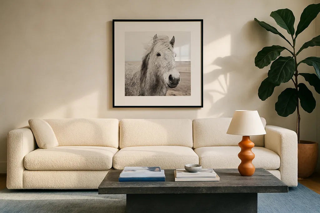 Heida III BW by Laura Marshall. Displayed in a glass frame with matte in a clean modern living room. Available as an archival giclee rolled canvas, fine art paper, or poster print. SKU 49827a.