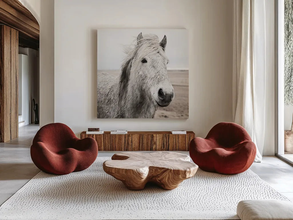 Heida III BW by Laura Marshall. Shown as extra-large giant wall art in a modern living room. Available as an archival giclee rolled canvas, fine art paper, or poster print. SKU 49827a.