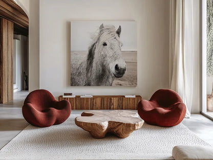 Heida III BW by Laura Marshall. Shown as extra-large giant wall art in a modern living room. Available as an archival giclee rolled canvas, fine art paper, or poster print. SKU 49827a.