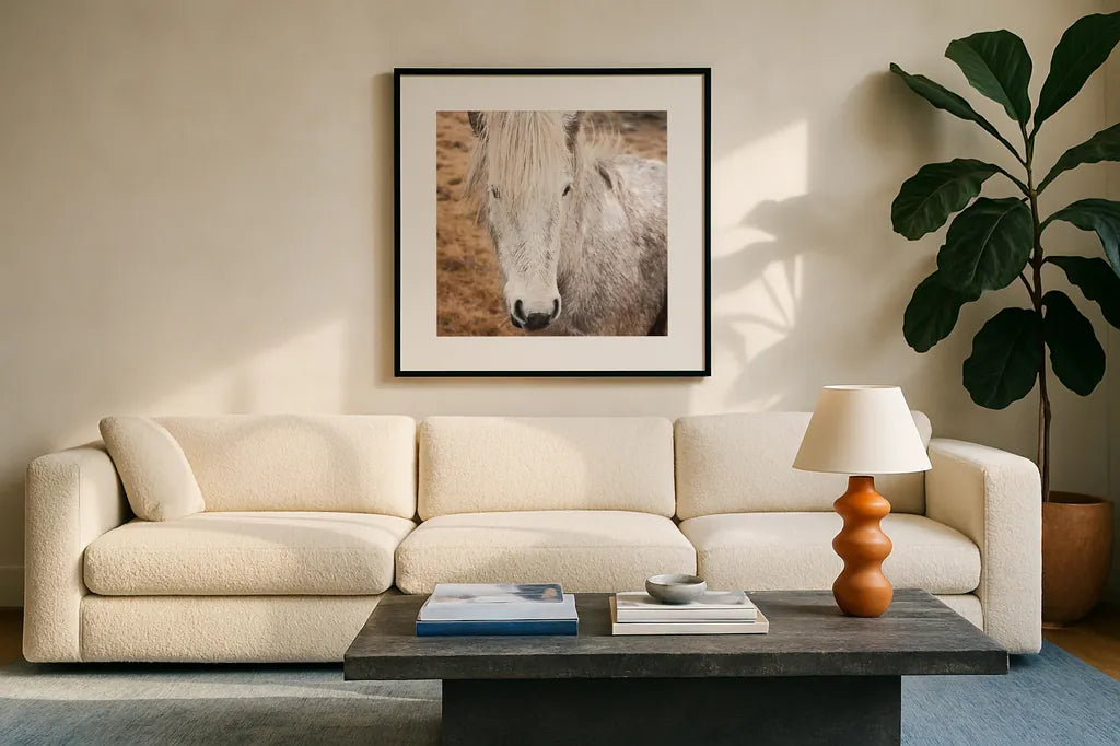 Heida IV by Laura Marshall. Displayed in a glass frame with matte in a clean modern living room. Available as an archival giclee rolled canvas, fine art paper, or poster print. SKU 49828a.