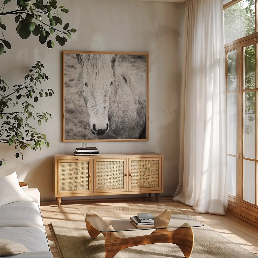 Heida IV BW by Laura Marshall. Shown in a natural wood frame in a cozy modern living room. Available as an archival giclee rolled canvas, fine art paper, or poster print. SKU 49829a.