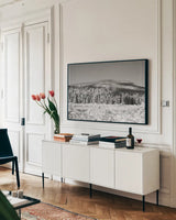 Hermit Lake by Laura Marshall. shown as a framed stretched canvas in a living room above a console. Available as a archival giclee rolled canvas, fine art paper, or poster print. SKU 34165i.