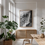 Hidden Waterfall by Laura Marshall. shown as a print in a natural wood frame in a dining room. Available as a archival giclee rolled canvas, fine art paper, or poster print. SKU 64394h.