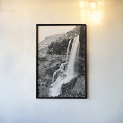Hidden Waterfall by Laura Marshall. shown as a paper print in a black flame. Available as a archival giclee rolled canvas, fine art paper, or poster print. SKU 64394h.