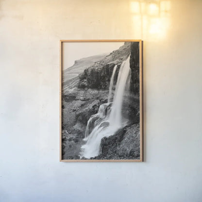 Hidden Waterfall by Laura Marshall. shown as a paper print in a natural frame. Available as a archival giclee rolled canvas, fine art paper, or poster print. SKU 64394h.