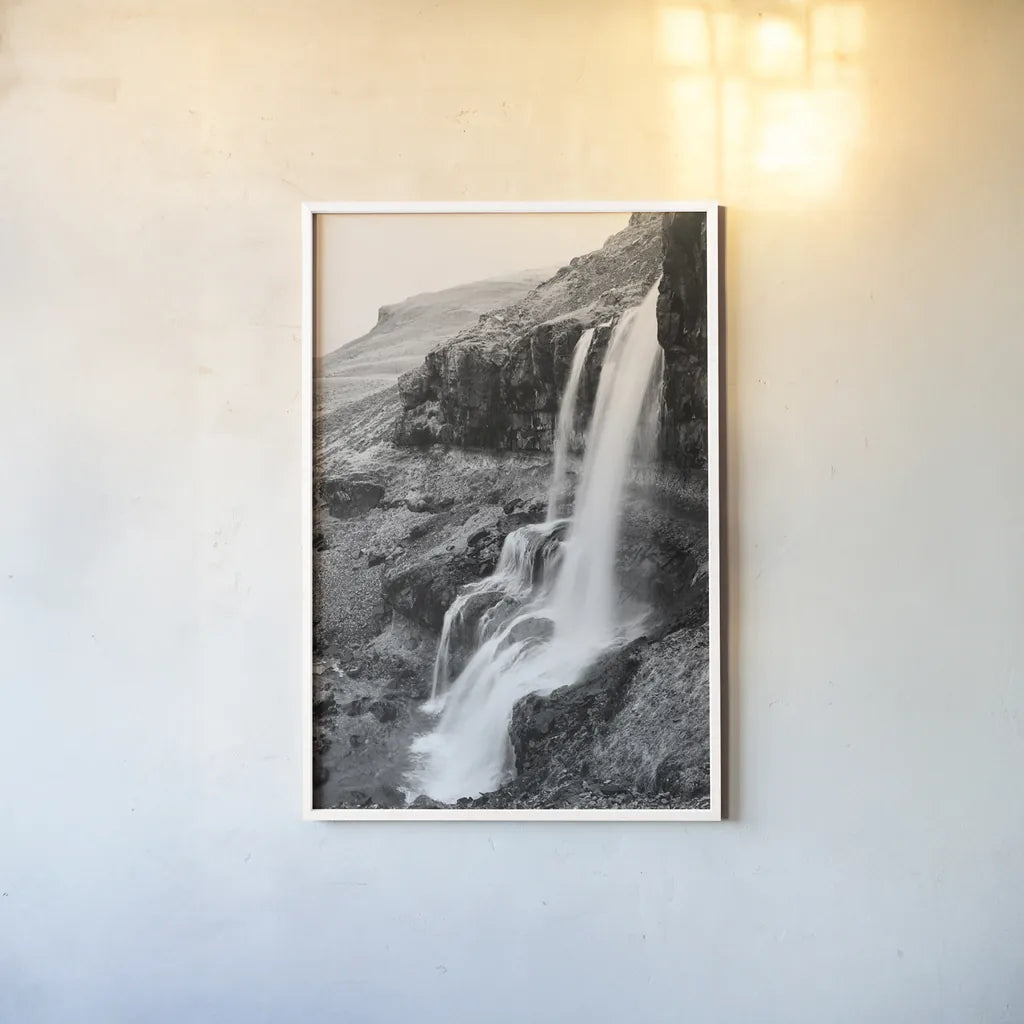 Hidden Waterfall by Laura Marshall. shown as a paper print in a white frame. Available as a archival giclee rolled canvas, fine art paper, or poster print. SKU 64394h.