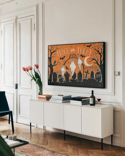 Hocus Pocus I by Laura Marshall. shown as a framed stretched canvas in a living room above a console. Available as a archival giclee rolled canvas, fine art paper, or poster print. SKU 83204i.