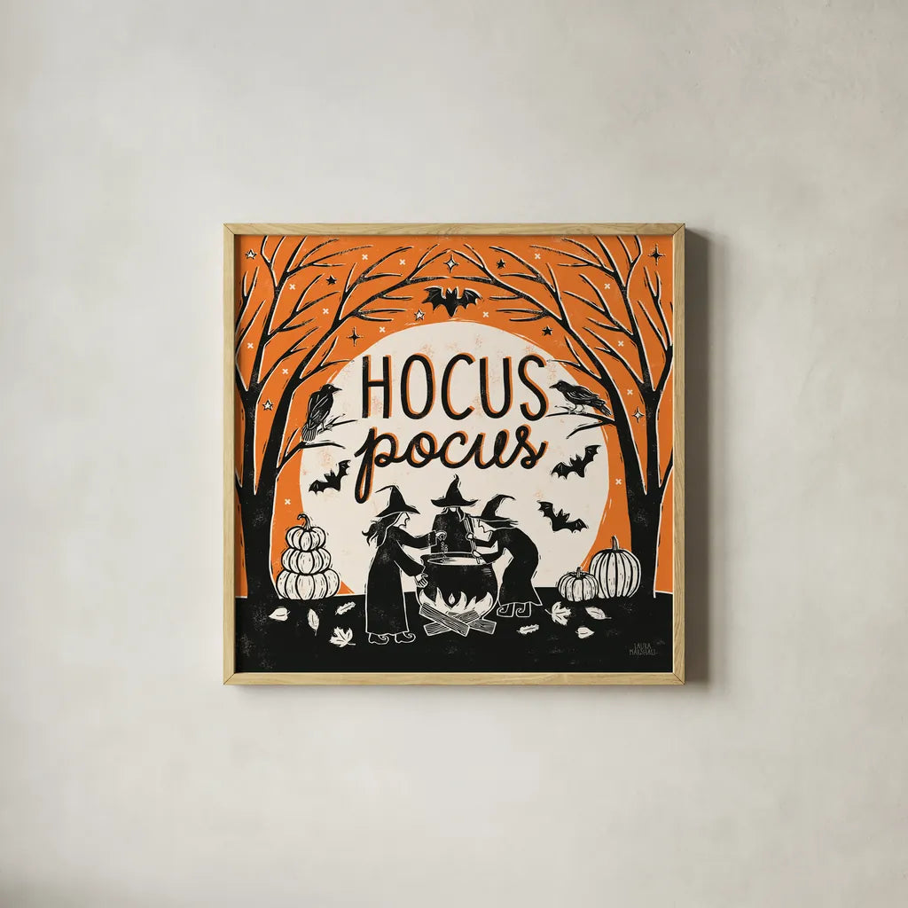 Hocus Pocus II by Laura Marshall. Shown in a natural wood glass frame for a timeless modern aesthetic. Available as an archival giclee rolled canvas, fine art paper, or poster print. SKU 83205a.