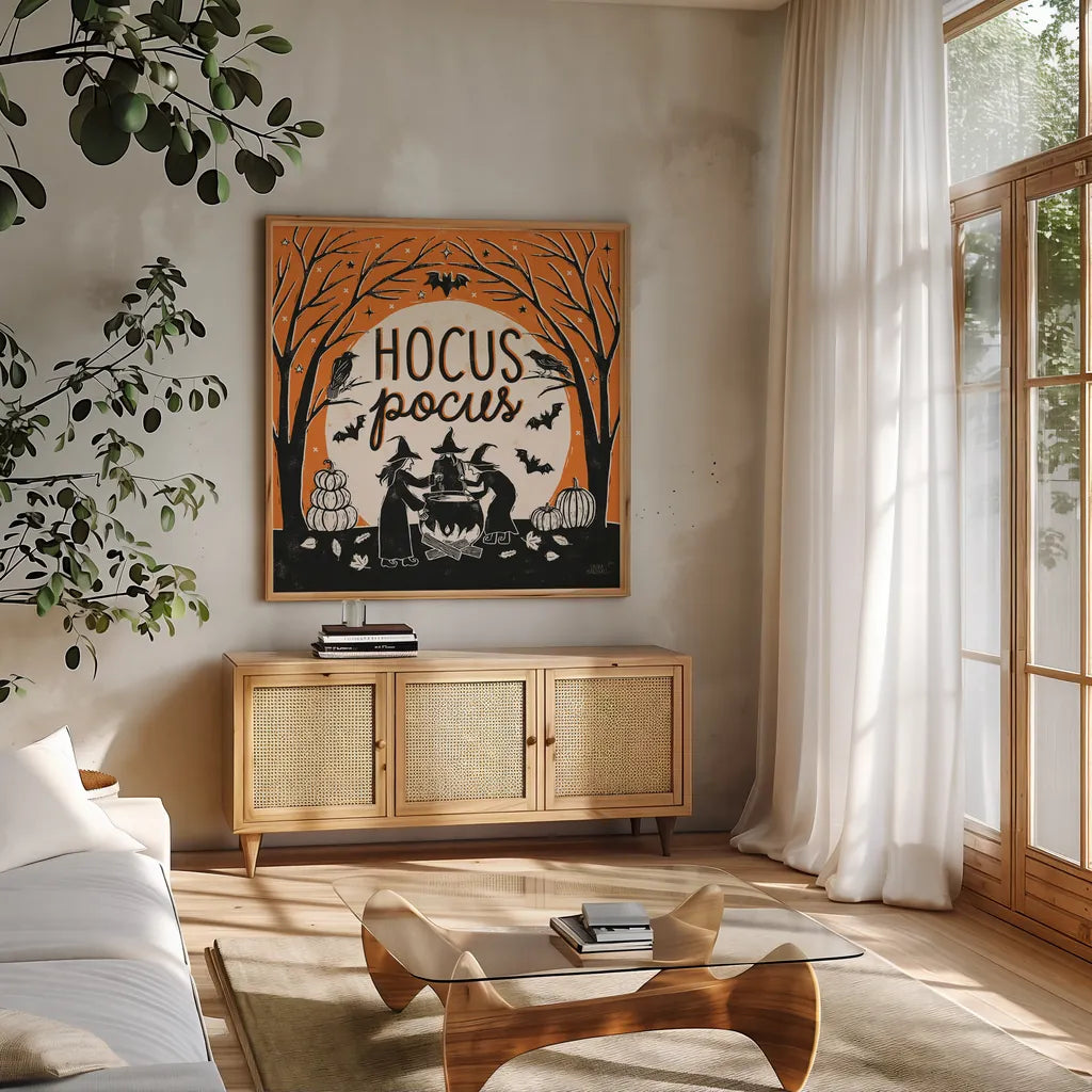 Hocus Pocus II by Laura Marshall. Shown in a natural wood frame in a cozy modern living room. Available as an archival giclee rolled canvas, fine art paper, or poster print. SKU 83205a.