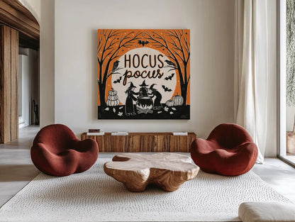 Hocus Pocus II by Laura Marshall. Shown as extra-large giant wall art in a modern living room. Available as an archival giclee rolled canvas, fine art paper, or poster print. SKU 83205a.