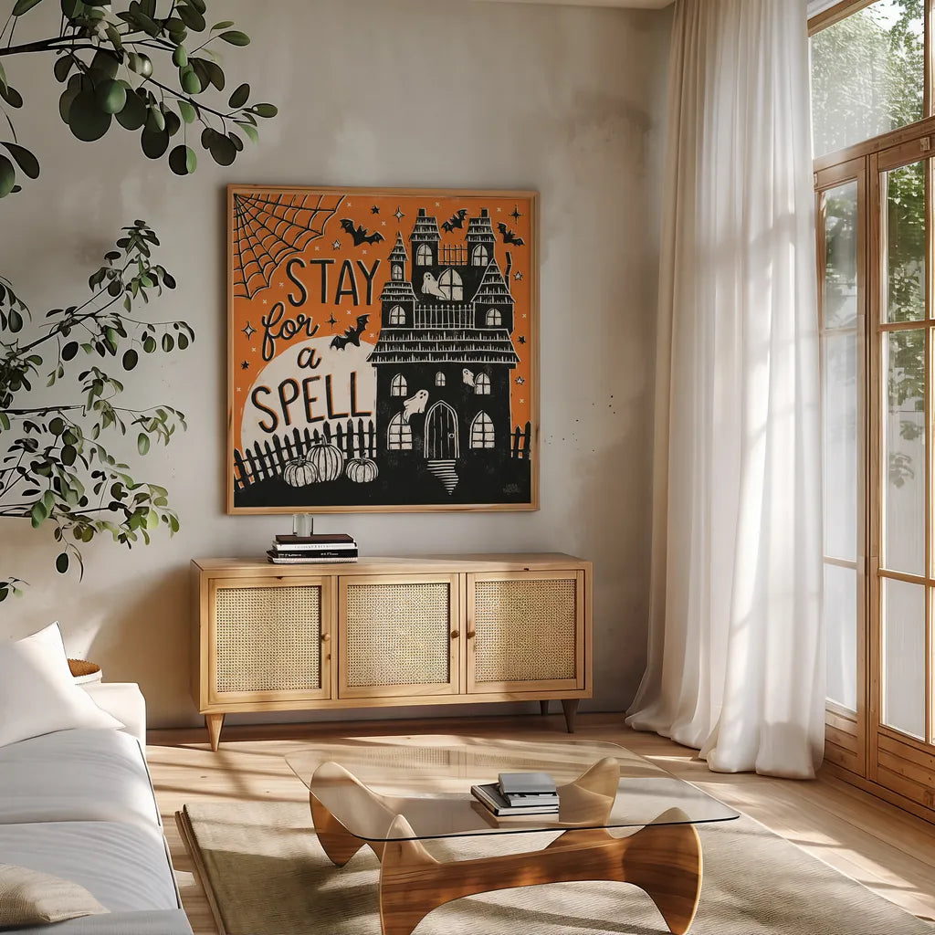 Hocus Pocus III by Laura Marshall. Shown in a natural wood frame in a cozy modern living room. Available as an archival giclee rolled canvas, fine art paper, or poster print. SKU 83206a.