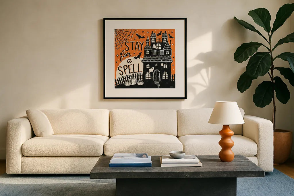 Hocus Pocus III by Laura Marshall. Displayed in a glass frame with matte in a clean modern living room. Available as an archival giclee rolled canvas, fine art paper, or poster print. SKU 83206a.