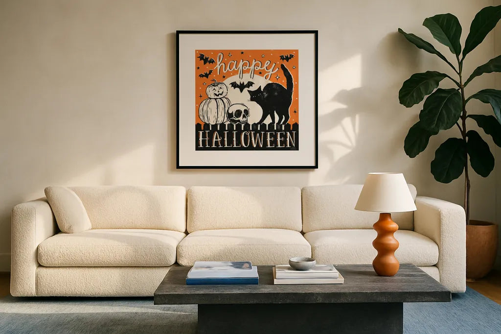 Hocus Pocus IV by Laura Marshall. Displayed in a glass frame with matte in a clean modern living room. Available as an archival giclee rolled canvas, fine art paper, or poster print. SKU 83207a.