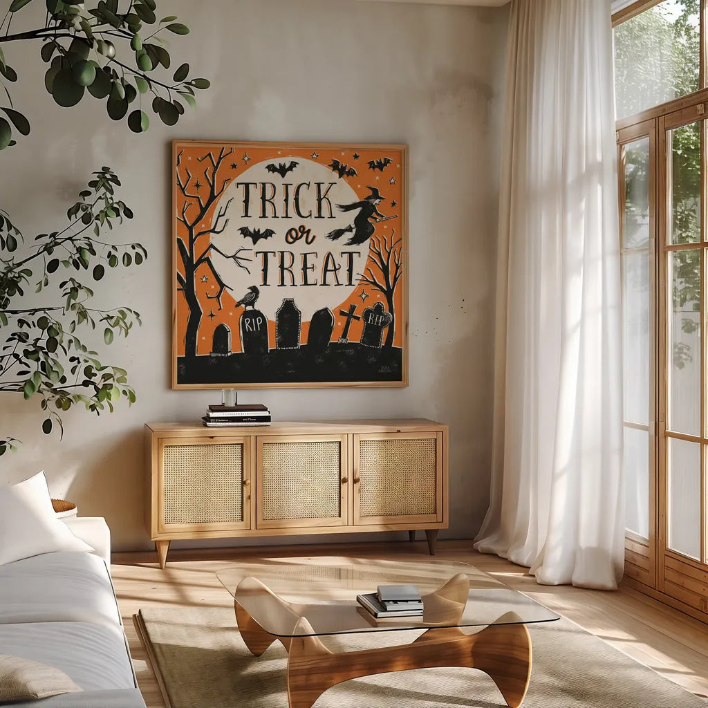Hocus Pocus V by Laura Marshall. Shown in a natural wood frame in a cozy modern living room. Available as an archival giclee rolled canvas, fine art paper, or poster print. SKU 83208a.