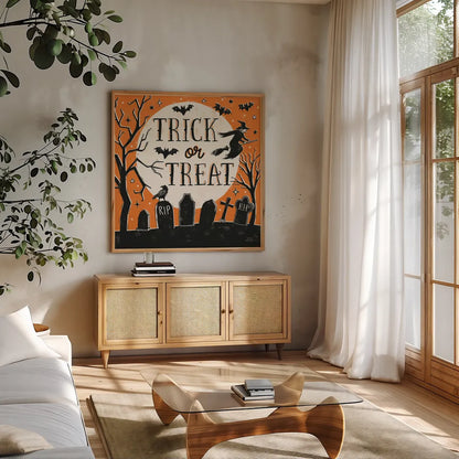 Hocus Pocus V by Laura Marshall. Shown in a natural wood frame in a cozy modern living room. Available as an archival giclee rolled canvas, fine art paper, or poster print. SKU 83208a.