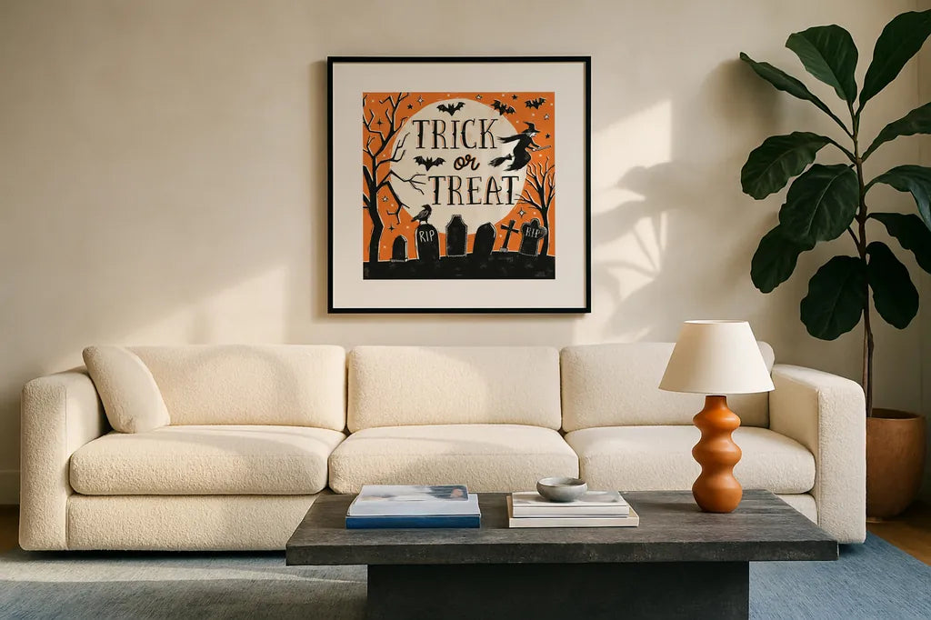 Hocus Pocus V by Laura Marshall. Displayed in a glass frame with matte in a clean modern living room. Available as an archival giclee rolled canvas, fine art paper, or poster print. SKU 83208a.