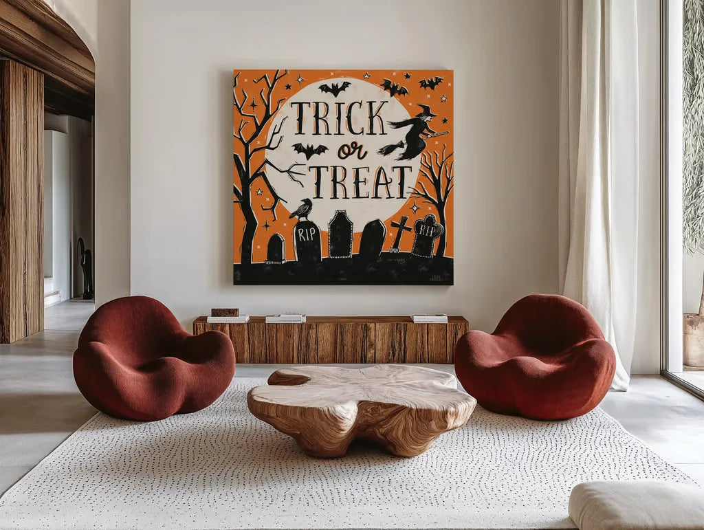 Hocus Pocus V by Laura Marshall. Shown as extra-large giant wall art in a modern living room. Available as an archival giclee rolled canvas, fine art paper, or poster print. SKU 83208a.