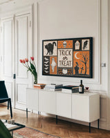 Hocus Pocus VI by Laura Marshall. shown as a framed stretched canvas in a living room above a console. Available as a archival giclee rolled canvas, fine art paper, or poster print. SKU 83209i.