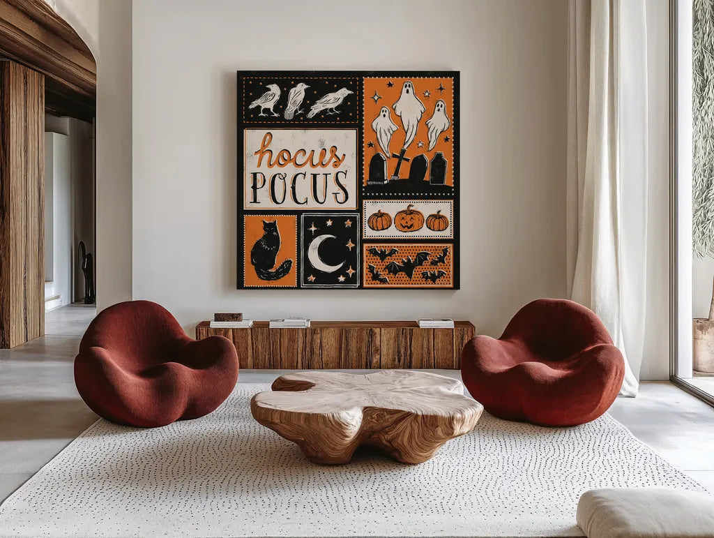 Hocus Pocus VII by Laura Marshall. Shown as extra-large giant wall art in a modern living room. Available as an archival giclee rolled canvas, fine art paper, or poster print. SKU 83210a.