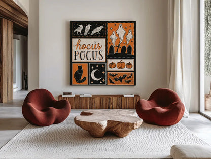 Hocus Pocus VII by Laura Marshall. Shown as extra-large giant wall art in a modern living room. Available as an archival giclee rolled canvas, fine art paper, or poster print. SKU 83210a.