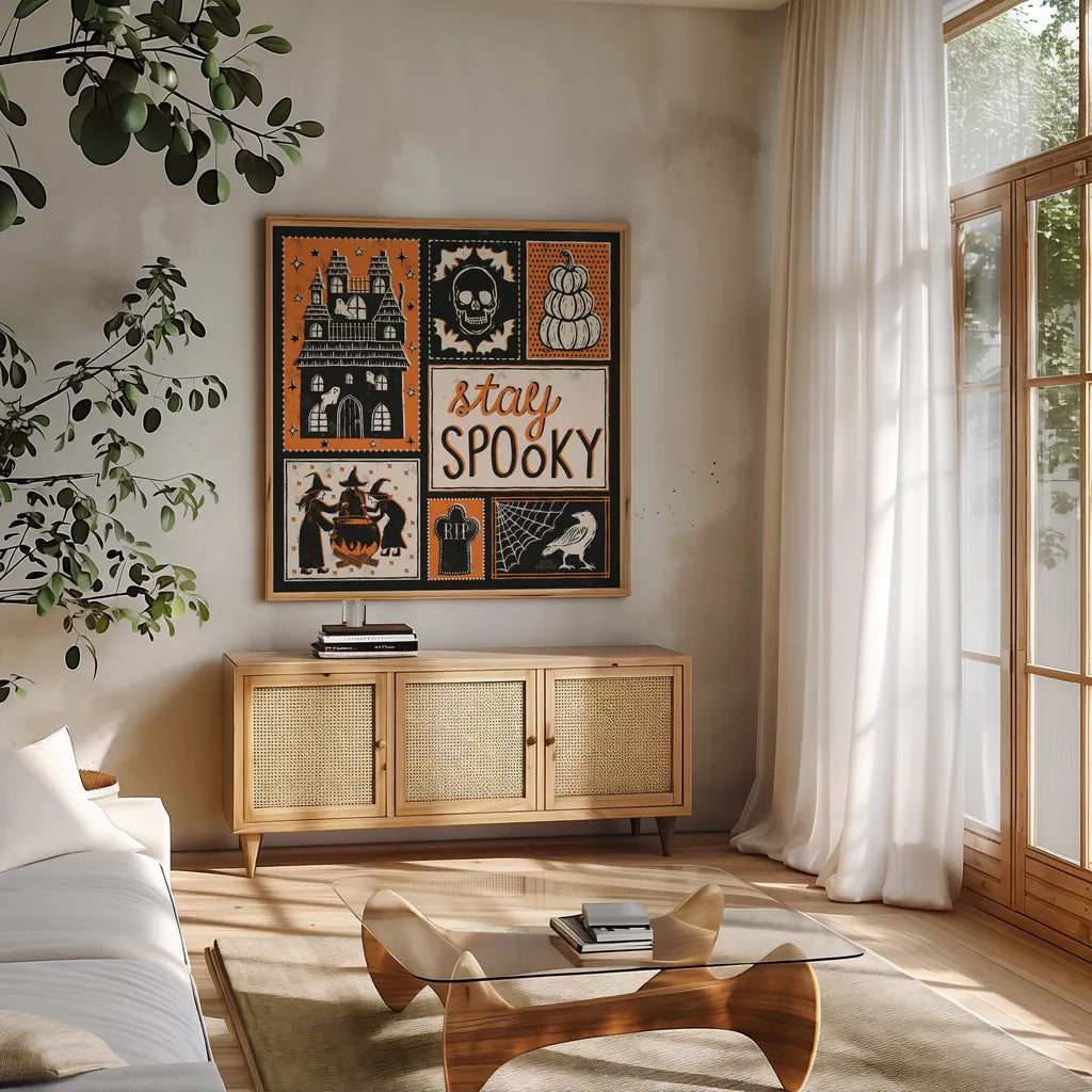 Hocus Pocus VIII by Laura Marshall. Shown in a natural wood frame in a cozy modern living room. Available as an archival giclee rolled canvas, fine art paper, or poster print. SKU 83211a.