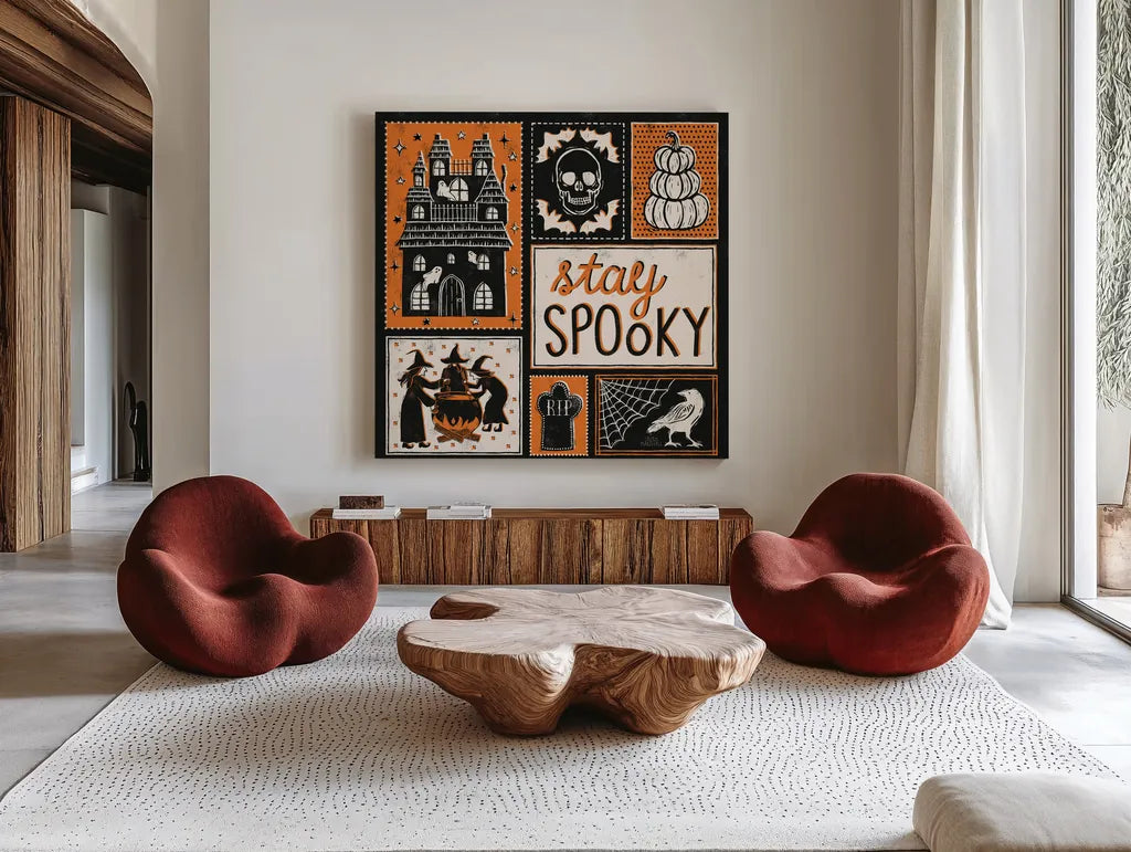 Hocus Pocus VIII by Laura Marshall. Shown as extra-large giant wall art in a modern living room. Available as an archival giclee rolled canvas, fine art paper, or poster print. SKU 83211a.