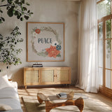 Holiday Garden I by Laura Marshall. Shown in a natural wood frame in a cozy modern living room. Available as an archival giclee rolled canvas, fine art paper, or poster print. SKU 37094a.