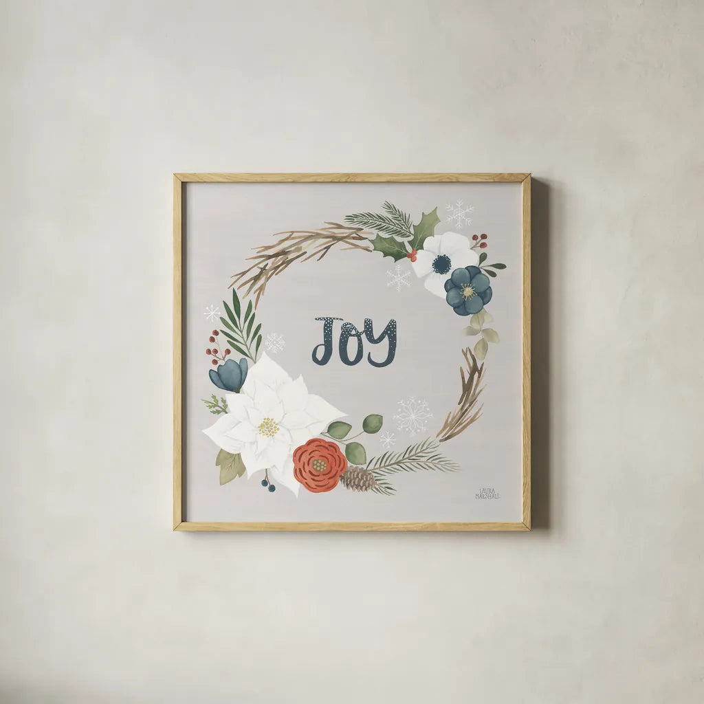 Holiday Garden II by Laura Marshall. Shown in a natural wood glass frame for a timeless modern aesthetic. Available as an archival giclee rolled canvas, fine art paper, or poster print. SKU 37095a.