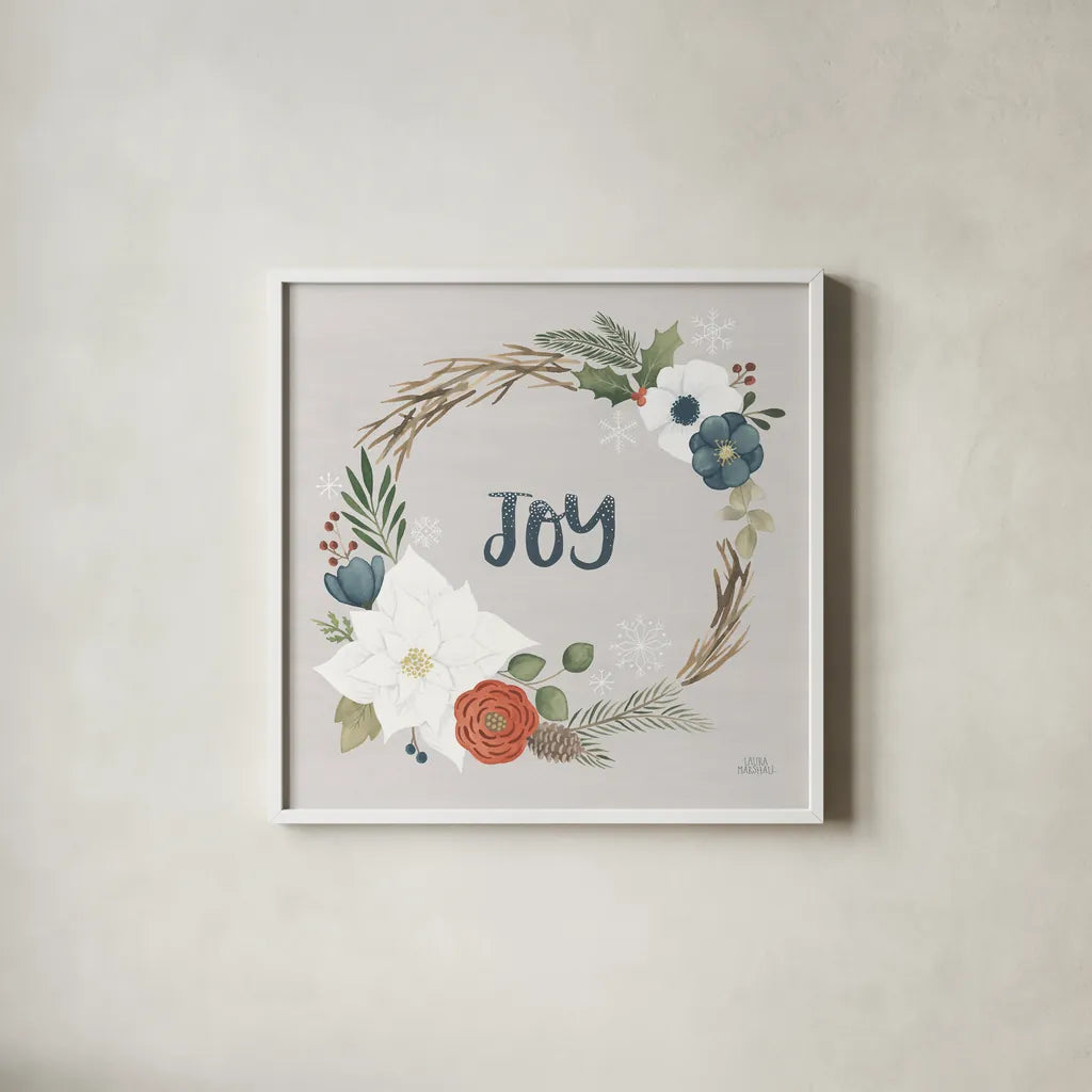 Holiday Garden II by Laura Marshall. Shown in a crisp white glass frame for a clean and minimalist style. Available as an archival giclee rolled canvas, fine art paper, or poster print. SKU 37095a.