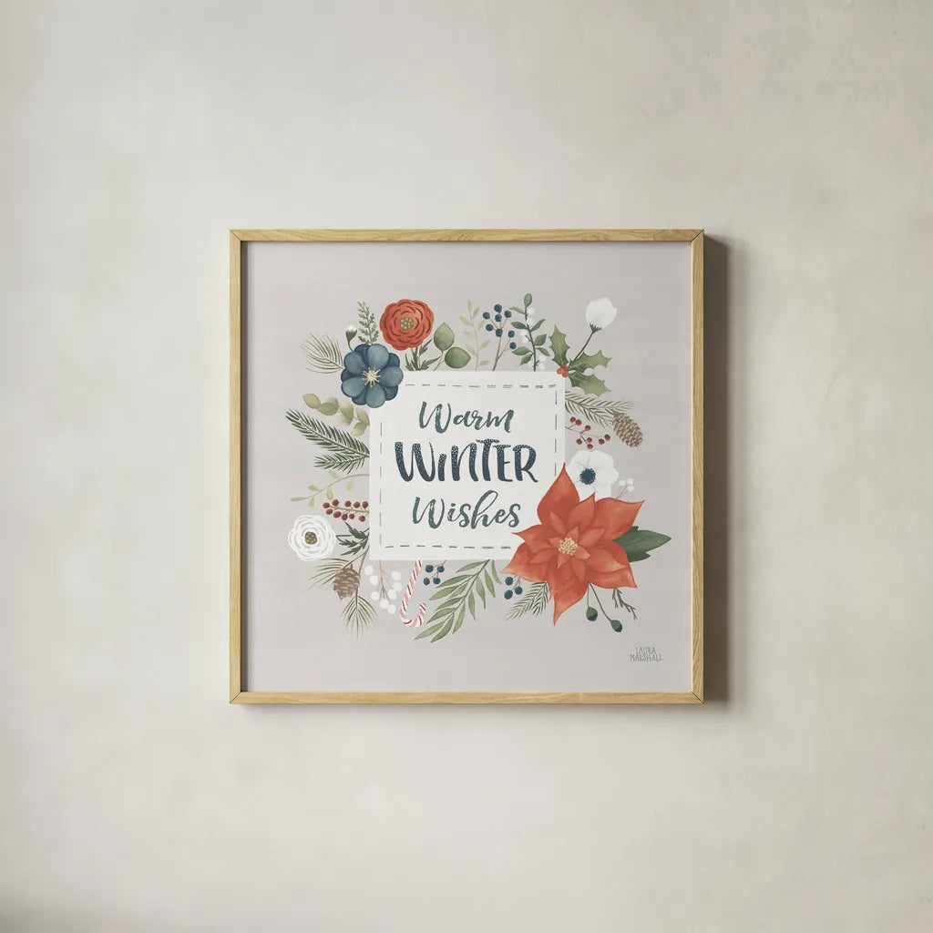 Holiday Garden III by Laura Marshall. Shown in a natural wood glass frame for a timeless modern aesthetic. Available as an archival giclee rolled canvas, fine art paper, or poster print. SKU 37096a.