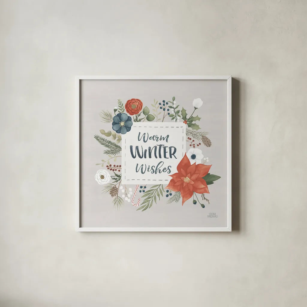 Holiday Garden III by Laura Marshall. Shown in a crisp white glass frame for a clean and minimalist style. Available as an archival giclee rolled canvas, fine art paper, or poster print. SKU 37096a.