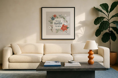 Holiday Garden III by Laura Marshall. Displayed in a glass frame with matte in a clean modern living room. Available as an archival giclee rolled canvas, fine art paper, or poster print. SKU 37096a.