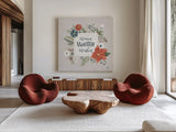 Holiday Garden III by Laura Marshall. Shown as extra-large giant wall art in a modern living room. Available as an archival giclee rolled canvas, fine art paper, or poster print. SKU 37096a.
