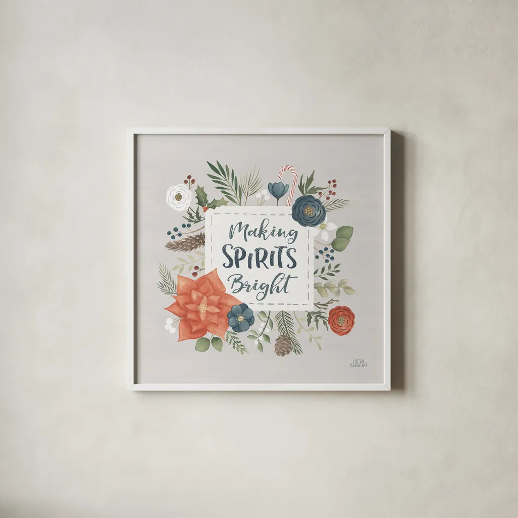 Holiday Garden IV by Laura Marshall. Shown in a crisp white glass frame for a clean and minimalist style. Available as an archival giclee rolled canvas, fine art paper, or poster print. SKU 37097a.