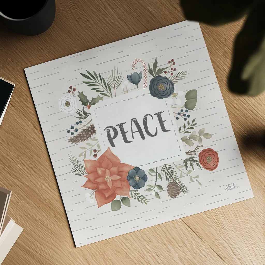 Holiday Garden IV Peace Birch by Laura Marshall. Shown as a detailed flat fine art print, highlighting archival giclee quality. Available as an archival giclee rolled canvas, fine art paper, or poster print. SKU 37357a.