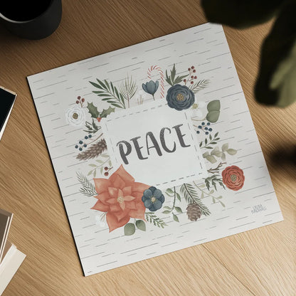 Holiday Garden IV Peace Birch by Laura Marshall. Shown as a detailed flat fine art print, highlighting archival giclee quality. Available as an archival giclee rolled canvas, fine art paper, or poster print. SKU 37357a.