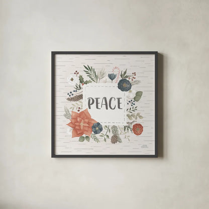 Holiday Garden IV Peace Birch by Laura Marshall. Shown in a sleek black glass frame for a contemporary gallery look. Available as an archival giclee rolled canvas, fine art paper, or poster print. SKU 37357a.