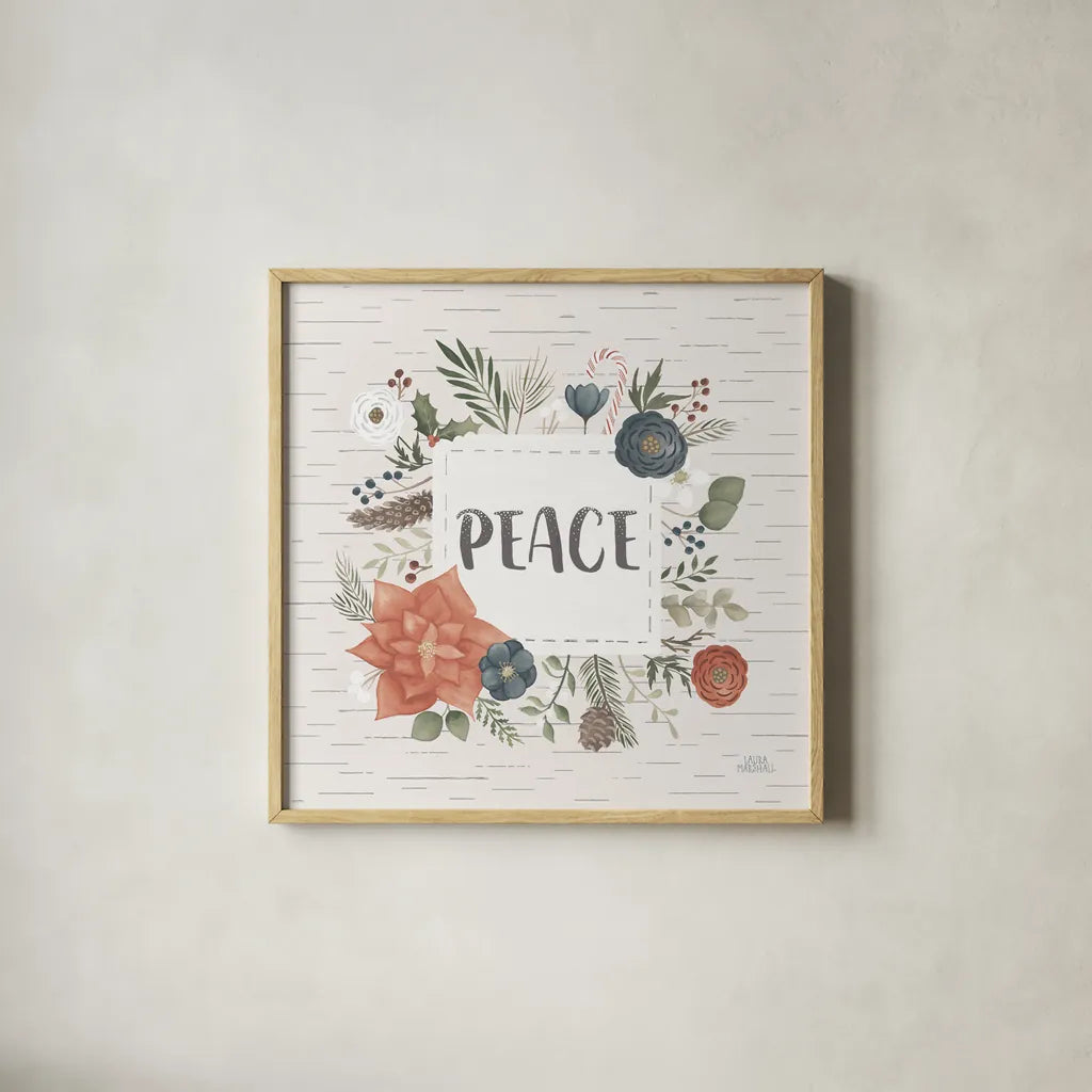 Holiday Garden IV Peace Birch by Laura Marshall. Shown in a natural wood glass frame for a timeless modern aesthetic. Available as an archival giclee rolled canvas, fine art paper, or poster print. SKU 37357a.