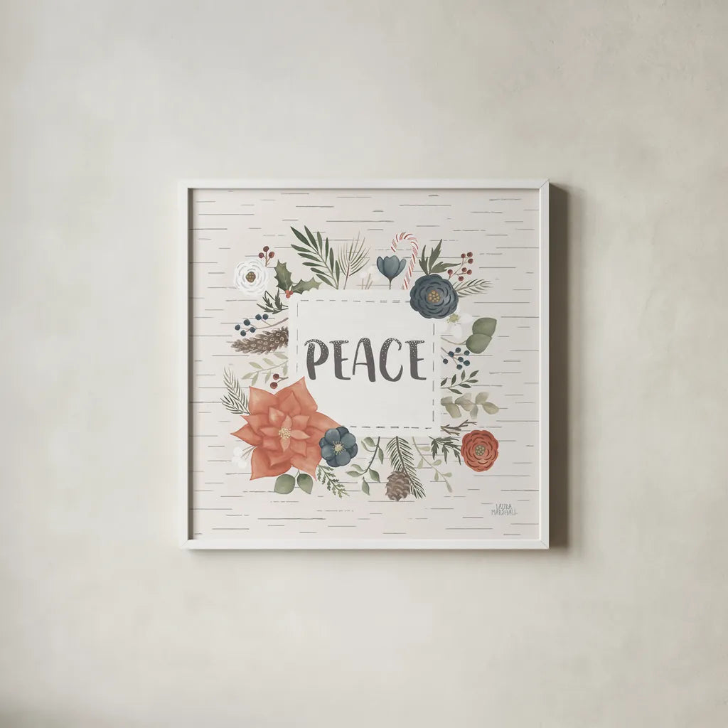 Holiday Garden IV Peace Birch by Laura Marshall. Shown in a crisp white glass frame for a clean and minimalist style. Available as an archival giclee rolled canvas, fine art paper, or poster print. SKU 37357a.