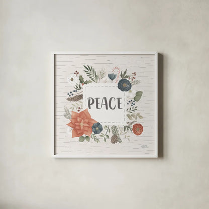 Holiday Garden IV Peace Birch by Laura Marshall. Shown in a crisp white glass frame for a clean and minimalist style. Available as an archival giclee rolled canvas, fine art paper, or poster print. SKU 37357a.