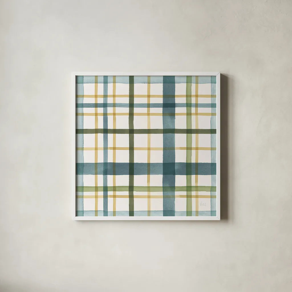 Holiday Garden Pattern VIII by Laura Marshall. Shown in a crisp white glass frame for a clean and minimalist style. Available as an archival giclee rolled canvas, fine art paper, or poster print. SKU 37158a.