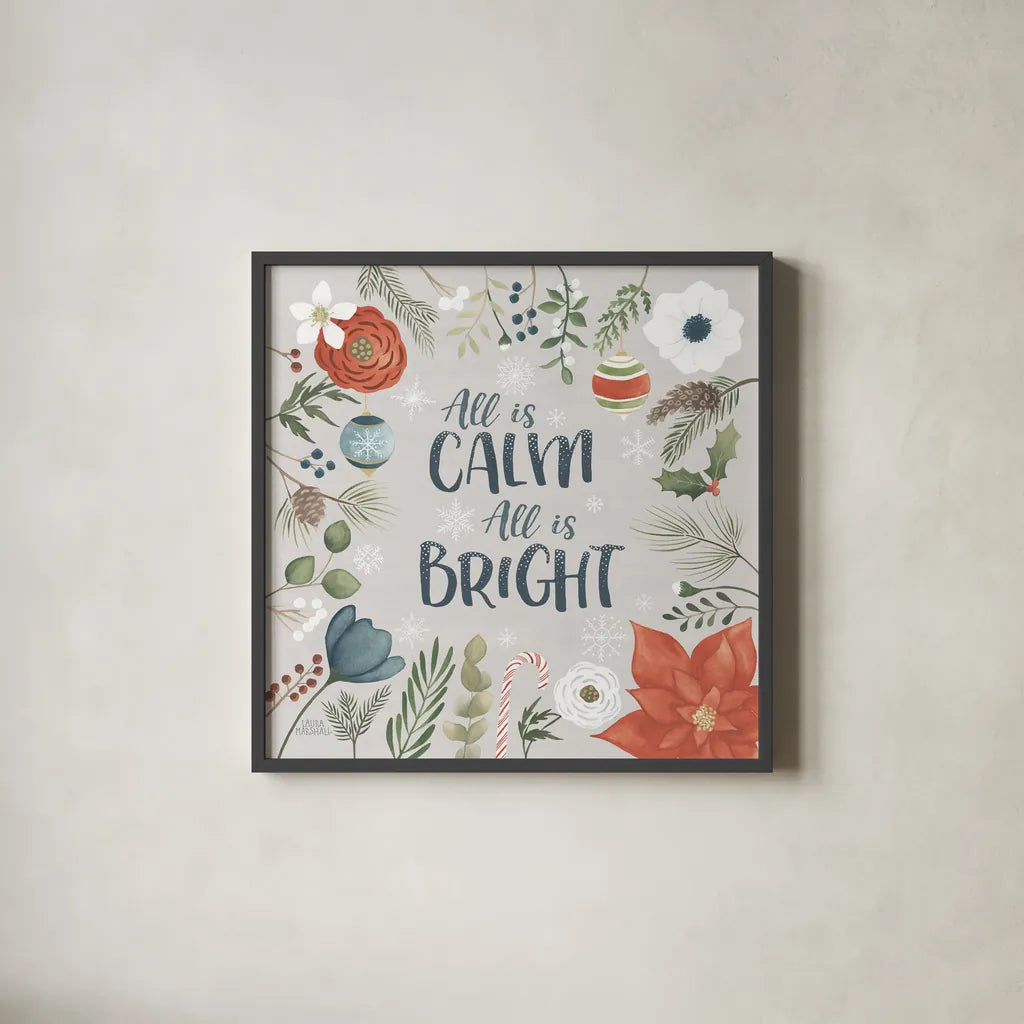 Holiday Garden V by Laura Marshall. Shown in a sleek black glass frame for a contemporary gallery look. Available as an archival giclee rolled canvas, fine art paper, or poster print. SKU 37098a.