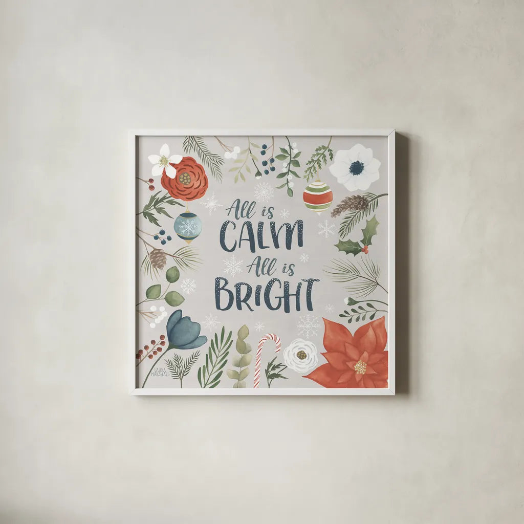 Holiday Garden V by Laura Marshall. Shown in a crisp white glass frame for a clean and minimalist style. Available as an archival giclee rolled canvas, fine art paper, or poster print. SKU 37098a.