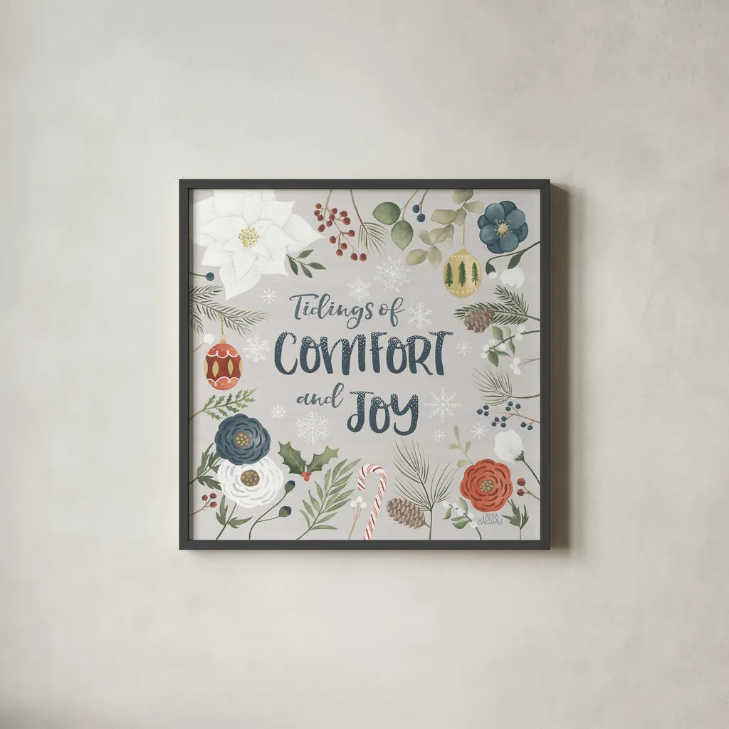 Holiday Garden VI by Laura Marshall. Shown in a sleek black glass frame for a contemporary gallery look. Available as an archival giclee rolled canvas, fine art paper, or poster print. SKU 37099a.